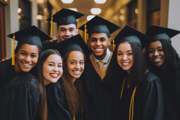 Obraz premium Group of happy diverse graduates smiling for selfie at ceremony on university campus