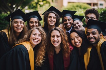 Group of happy diverse graduates smiling for selfie at ceremony on university campus