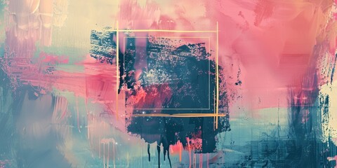 Obraz premium Abstract painting with pink, yellow, and blue.