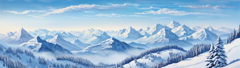 Obraz premium Serene mountain range, snow-laden slopes, peaceful winter scene, watercolor style