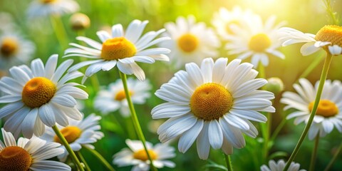 Fototapeta premium Delicate white chamomile flowers with yellow centers bloom amidst lush green foliage in a serene natural setting, evoking feelings of calmness and wellness.