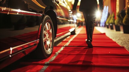 A person walks along a glamorous red carpet beside a sleek black car, highlighting an elegant event atmosphere