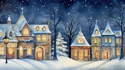 Snow-fall in village, glowing windows, peaceful winter night, watercolor style