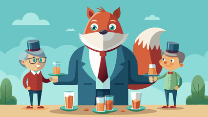 anthropomorphic squirrel, every squirrel has an old man, a man and a child. It stood between wine glasses, long tables, water cups, and paper cups, vector illustration