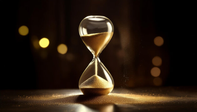 Vintage hourglass with golden sand glowing softly against deep dark backdrop. Timeless elegance