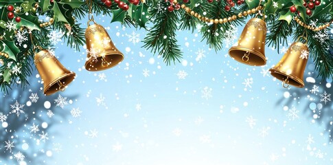 Golden Christmas bells with holly and snowflakes on a winter background Generative AI