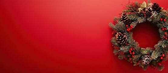 Christmas wreath decorated with red bows and pinecones on a red background Generative AI