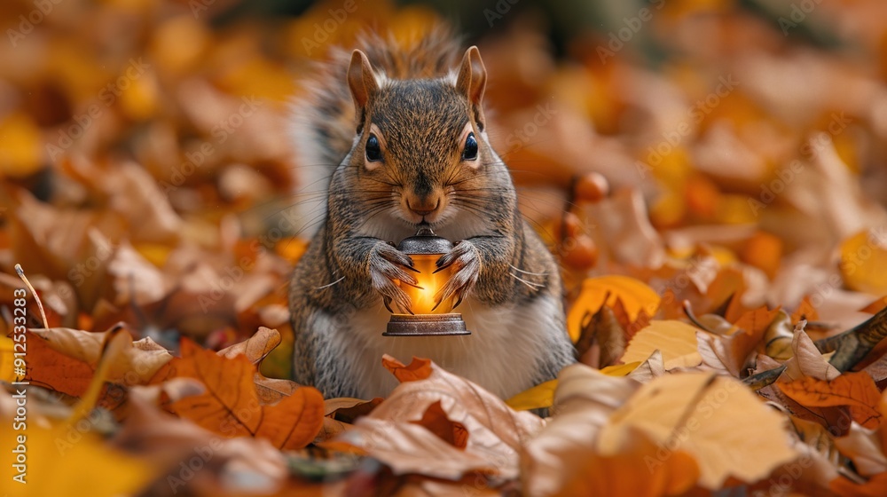 Poster Squirrel with Lantern in Autumn Leaves