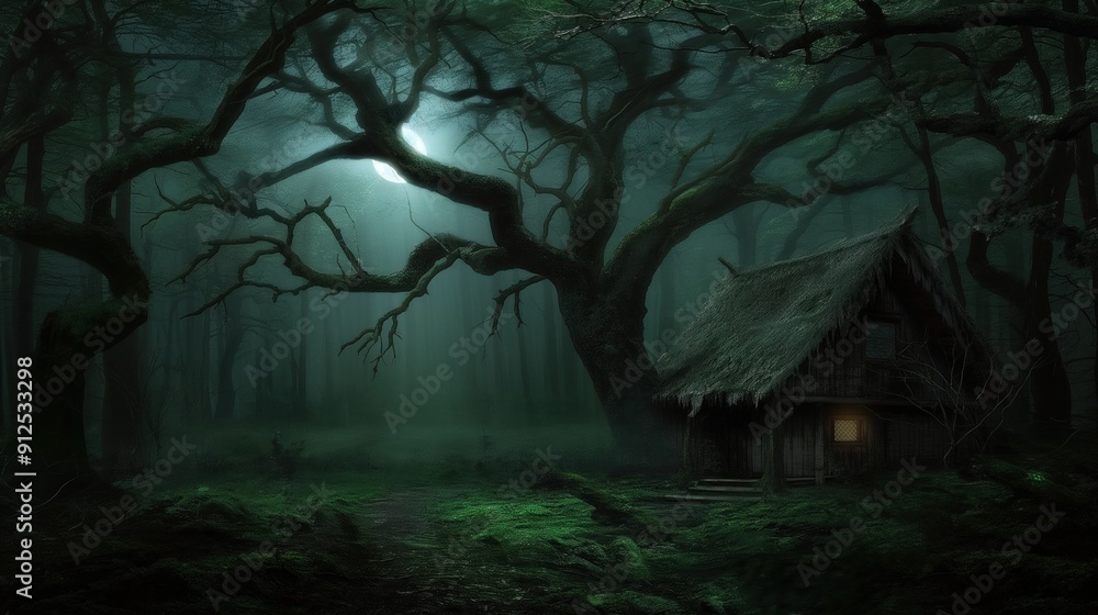 Poster A secluded cabin rests quietly in a dense, dark forest, illuminated by soft moonlight filtering through the twisted branches overhead