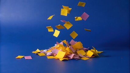Yellow and Pink Sticky Notes Falling on a Blue Background