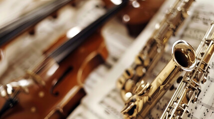 Naklejka premium Various musical instruments lie on sheet music of a symphony