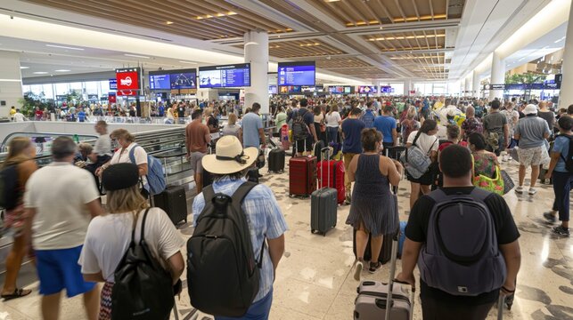 Bustling airport terminal, travelers with luggage heading to their destinations. The photo captures the energy and excitement of travel and the global interconnectedness of people