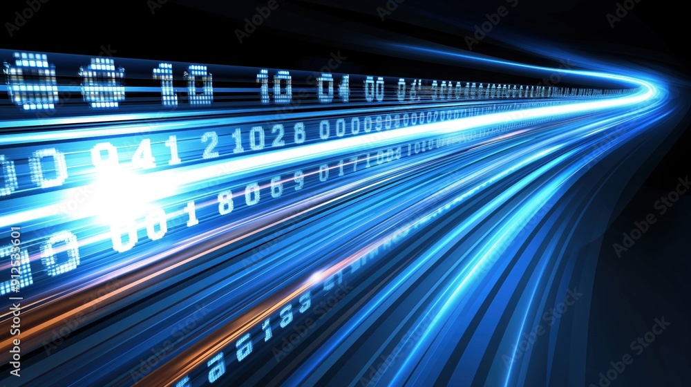 Poster bright lines of binary code race through a dark background, illustrating the rapid movement of data 
