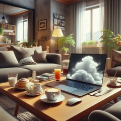 Fototapeta premium modern living room with a laptop on a table 