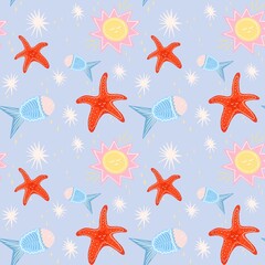 A playful and colorful pattern featuring cartoon-style starfish, fish and sunshine. The starfish are bright red with smiling faces, while the fish are blue with pink accents.