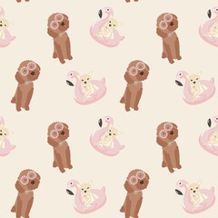 A playful pattern featuring cartoon-style dogs and inflatable pool toys. The design includes fluffy brown dogs with flower sunglasses and small beige dogs sitting in pink flamingo floaties.