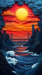 A colorful artistic depiction of a sunset over the Golden Gate Bridge, with dramatic clouds and ocean waves.