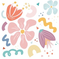 A vibrant and colorful floral pattern featuring various stylized flowers, leaves, and abstract shapes in pastel colors. The design includes colorful elements creating a cheerful and playful aesthetic