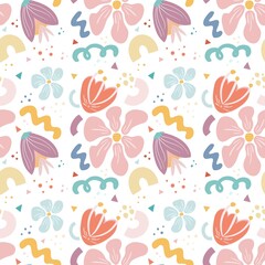A vibrant and colorful floral pattern featuring various stylized flowers, leaves, and abstract shapes in pastel colors. The design includes colorful elements creating a cheerful and playful aesthetic