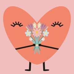 A whimsical heart face with arms and legs, holding a bouquet of flowers. Happy birthday card.