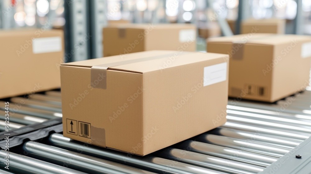 Poster several cardboard boxes are aligned on a conveyor belt in a warehouse, ready for processing and ship