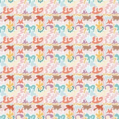 A colorful abstract pattern featuring organic shapes and fluid lines in pastel hues. The design includes swirls, blobs, and curves in shades of pink, blue, orange, and beige.