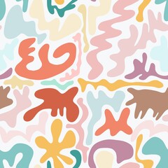 A colorful abstract pattern featuring organic shapes and fluid lines in pastel hues. The design includes swirls, blobs, and curves in shades of pink, blue, orange, and beige.