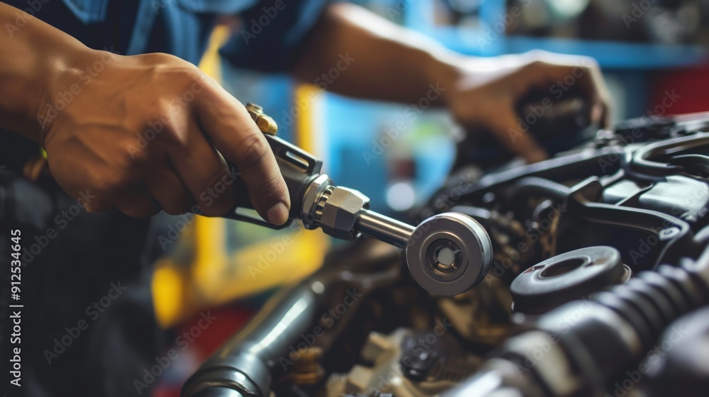 Poster a mechanic uses a wrench to adjust components of an engine, focused on precision and repairs in a we