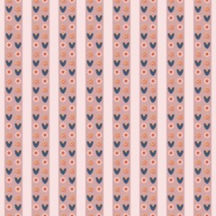 A repeating pattern featuring stylized flowers and hearts in various colors. The background consists of vertical stripes in soft pink, with alternating floral and heart designs.