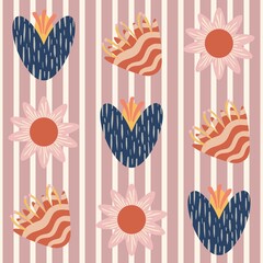 A repeating pattern featuring stylized flowers and hearts in various colors. The background consists of vertical stripes in soft pink, with alternating floral and heart designs.