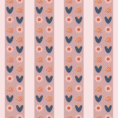 A repeating pattern featuring stylized flowers and hearts in various colors. The background consists of vertical stripes in soft pink, with alternating floral and heart designs.