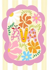 A colorful and whimsical illustration featuring the name 'Ava' in large, playful letters surrounded by various flowers and leaves. The design includes a crab and a ladybug.