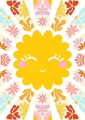 A cheerful, cartoonish sun character with a smiling face, surrounded by colorful floral patterns in pastel shades. The background features rays emanating from the sun.
