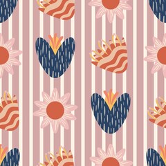 A repeating pattern featuring stylized flowers and hearts in various colors. The background consists of vertical stripes in soft pink, with alternating floral and heart designs.