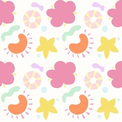 A colorful and playful pattern featuring flowers, abstract shapes, and circular designs in pastel colors. The background is white, with pink, yellow, orange, and green elements.