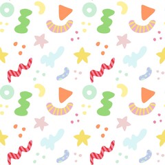 A colorful abstract pattern featuring various shapes such as wavy lines, stars, circles, and triangles in pastel colors on a white background.