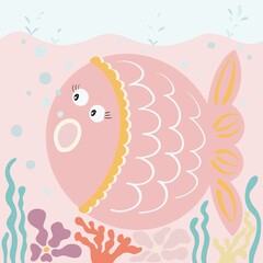 A cute, cartoon-style pink fish with big eyes and a decorative fin, swimming among colorful coral and seaweed in a light blue underwater scene.