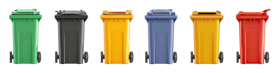 Set of various modern garbage bins in different colours isolated on transparent background.