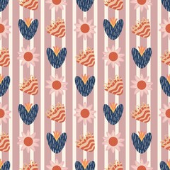 A repeating pattern featuring stylized flowers and hearts in various colors. The background consists of vertical stripes in soft pink, with alternating floral and heart designs.