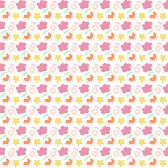 A colorful and playful pattern featuring flowers, abstract shapes, and circular designs in pastel colors. The background is white, with pink, yellow, orange, and green elements.