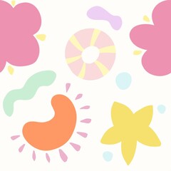 A colorful and playful pattern featuring flowers, abstract shapes, and circular designs in pastel colors. The background is white, with pink, yellow, orange, and green elements.