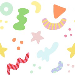 A colorful abstract pattern featuring various shapes such as wavy lines, stars, circles, and triangles in pastel colors on a white background.
