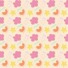 A colorful and playful pattern featuring flowers, abstract shapes, and circular designs in pastel colors. The background is light cream, with pink, yellow, orange, and green elements.