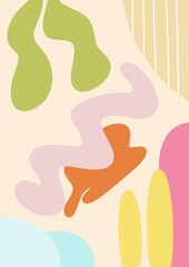 A colorful abstract design featuring organic shapes in various colors.