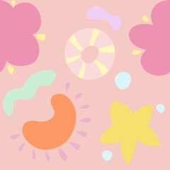 A colorful and playful pattern featuring flowers, abstract shapes, and circular designs in pastel colors. The background is light pink, with pink, yellow, orange, and green elements.