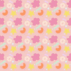 A colorful and playful pattern featuring flowers, abstract shapes, and circular designs in pastel colors. The background is light pink, with pink, yellow, orange, and green elements.