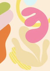 An abstract composition featuring colorful organic shapes in pastel tones. The design includes curved forms in pink, orange, yellow, and green against a soft beige background.