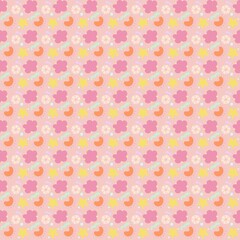 A colorful and playful pattern featuring flowers, abstract shapes, and circular designs in pastel colors. The background is light pink, with pink, yellow, orange, and green elements.