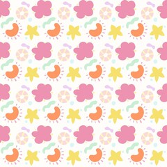 A colorful and playful pattern featuring flowers, abstract shapes, and circular designs in pastel colors. The background is white, with pink, yellow, orange, and green elements.