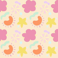 A colorful and playful pattern featuring flowers, abstract shapes, and circular designs in pastel colors. The background is light cream, with pink, yellow, orange, and green elements.